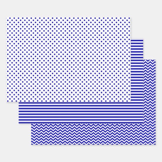 Royal Blue and White Stripes Chevron Polka Dots Wrapping Paper Sheets