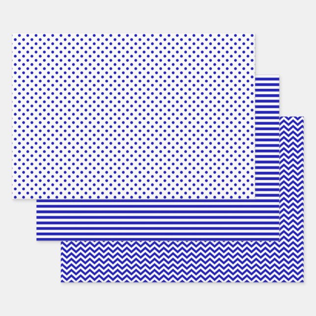 Royal Blue and White Stripes Chevron Polka Dots Wrapping Paper Sheets (Set)