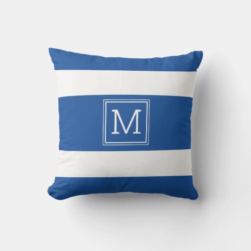 Royal Blue And White Stripes Simple Monogram Outdoor Pillow