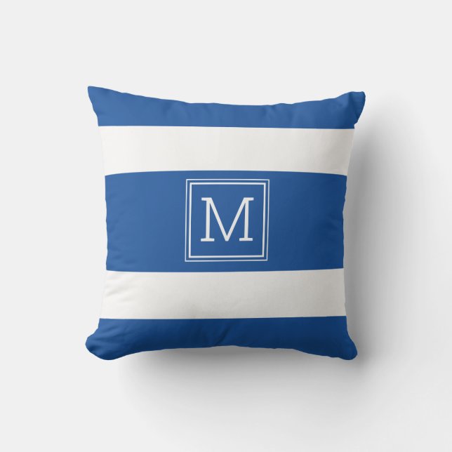 Royal Blue And White Stripes Simple Monogram Outdoor Pillow (Front)