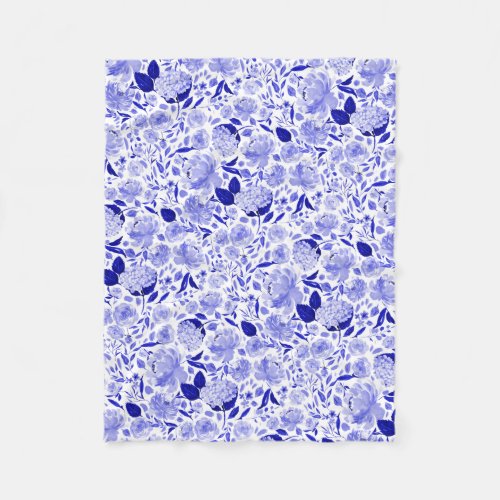 Royal Blue and White Watercolor Floral Fleece Blanket