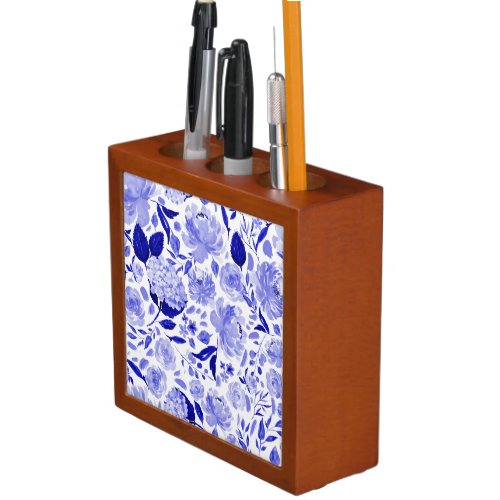 Royal Blue and White Watercolor Florals Home Desk Organizer
