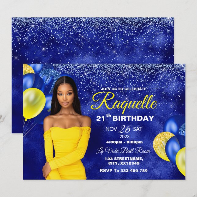 Royal Blue and Yellow Birthday Invitation (Front/Back)