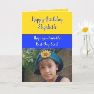 Royal blue and yellow birthday photo card