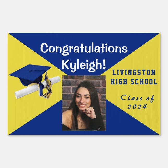 Royal Blue and Yellow Graduation Photo Lawn Sign (Front)