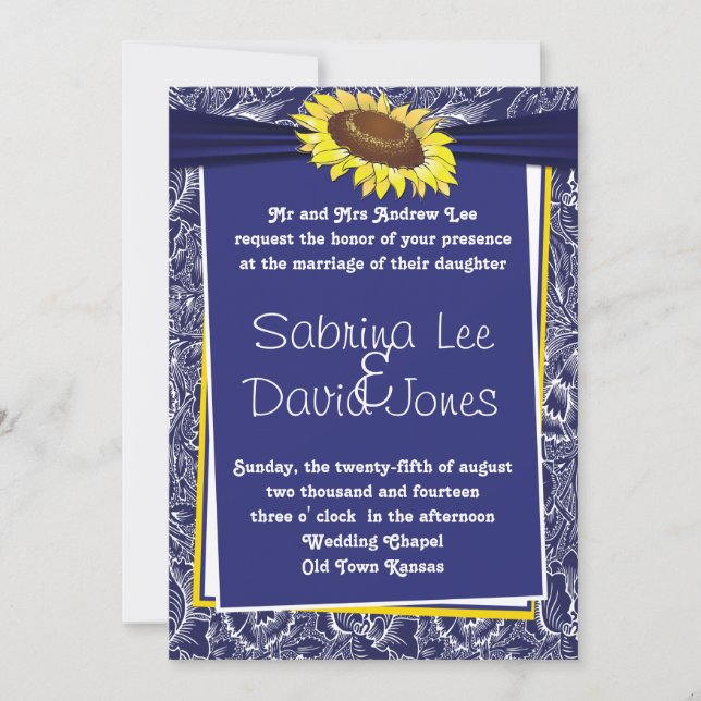 Royal Blue and Yellow Sunflower Wedding Invitation (Front)