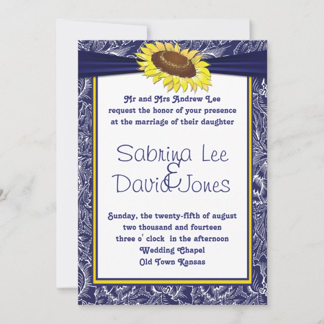 Royal Blue and Yellow Sunflower Wedding Invitation (Front)