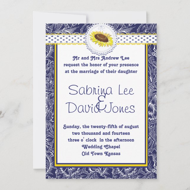 Royal Blue and Yellow Sunflower Wedding Invitation (Front)