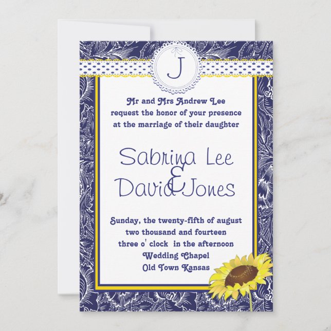 Royal Blue and Yellow Sunflower Wedding Invitation (Front)