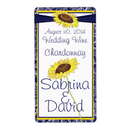 Royal Blue and Yellow Sunflower Wedding Wine Label