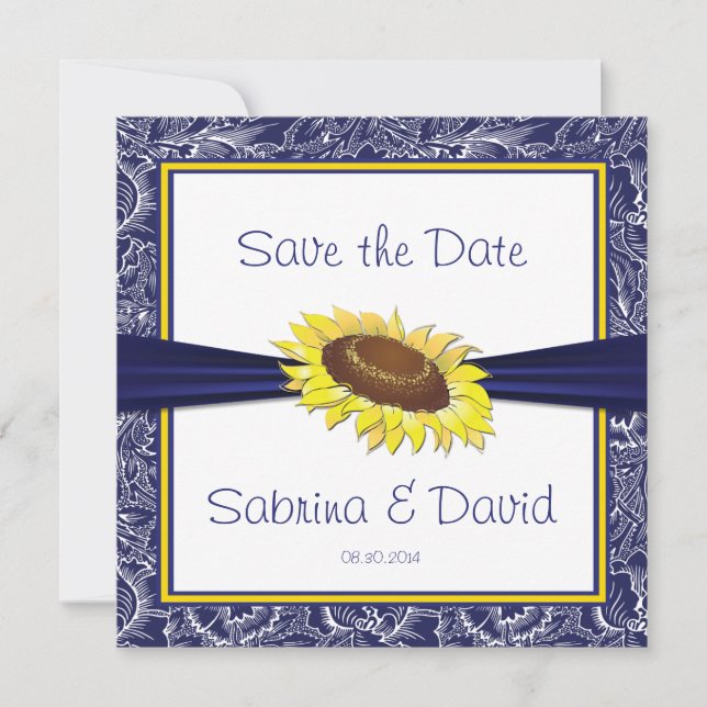 Royal Blue and Yellow Sunflowers Save the Date (Front)