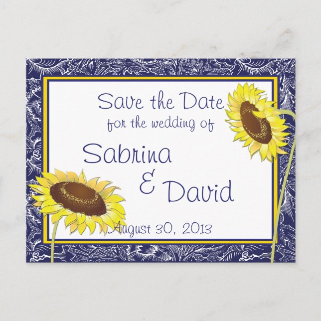 Royal Blue and Yellow Sunflowers Save the Date Announcement Postcard (Front)