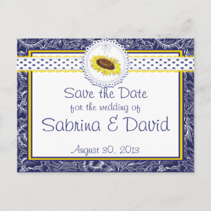 Royal Blue and Yellow Sunflowers Save the Date Announcement Postcard