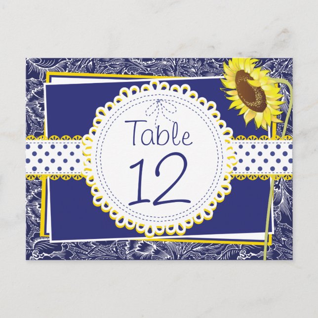 Royal Blue and Yellow Sunflowers Table Card (Front)