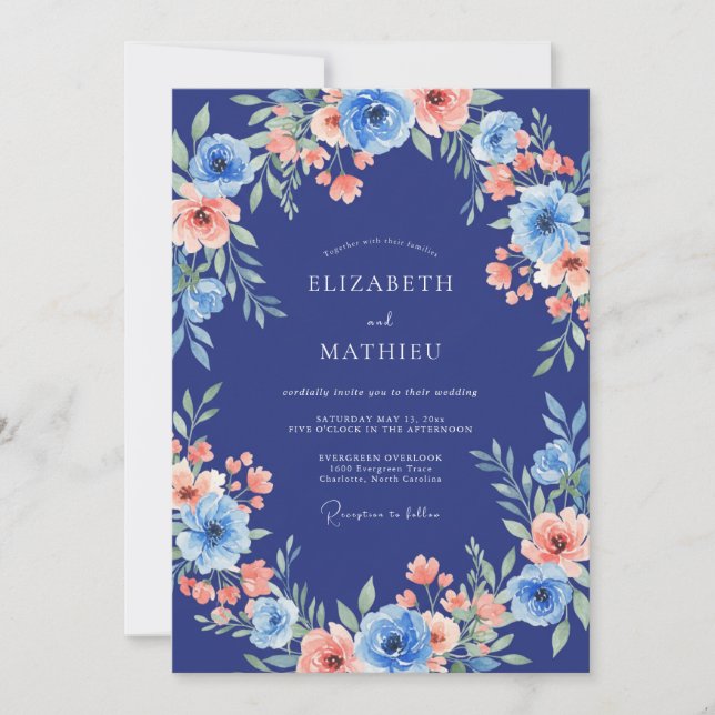 Royal Blue Anemone Romantic Wedding Invitation (Front)
