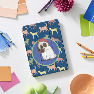 Royal blue animals pattern ,funny pug dog iPad air cover