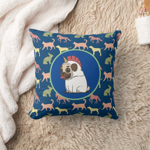 Royal blue animals pattern funny pug dog throw pillow