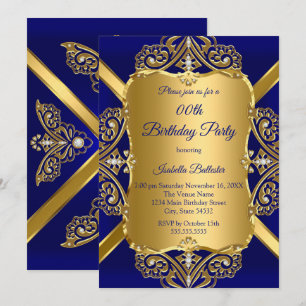 Royal Blue Any Age Birthday Party Gold Diamond 2 Invitation