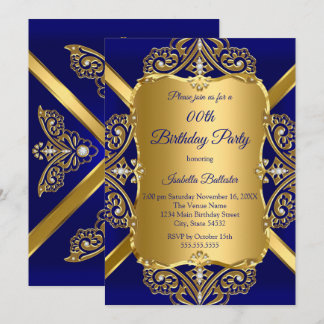 Royal Blue Any Age Birthday Party Gold Diamond 2 Invitation