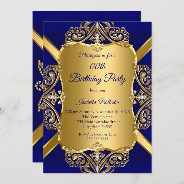 Royal Blue Any Age Birthday Party Gold Diamond 2 Invitation (Front/Back)