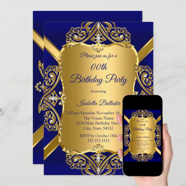 Royal Blue Any Age Birthday Party Gold Diamond 2 Invitation | Zazzle