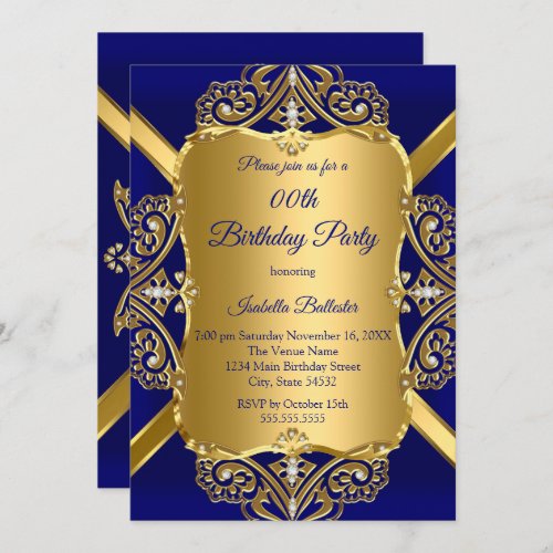 Royal Blue Any Age Birthday Party Gold Diamond 2 Invitation