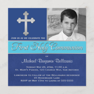 Royal Blue, Aqua 1st Holy Communion Photo Invite 2