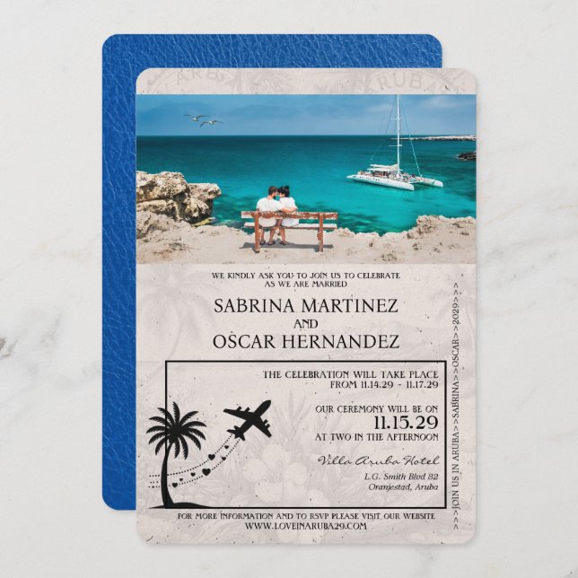 Royal Blue Aruba Passport Wedding Invitation (Front/Back)