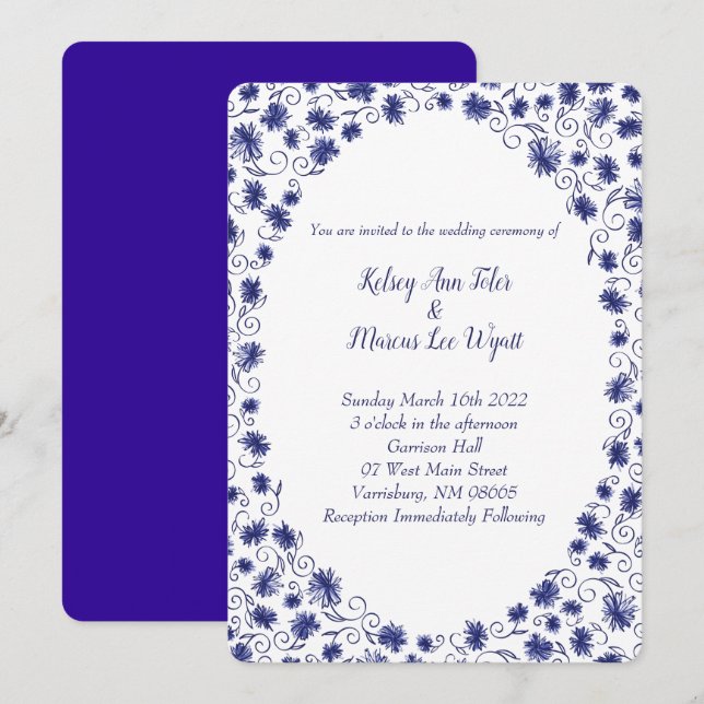 Royal Blue Aster Flower Wedding Invitations (Front/Back)