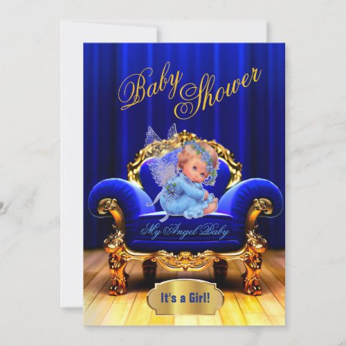 Royal Blue Baby Angel Its a Girl Baby Shower Invi Invitation