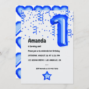 Royal Blue Balloon 1st Birthday Invitation