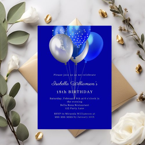 Royal blue balloons birthday silver foil invitation