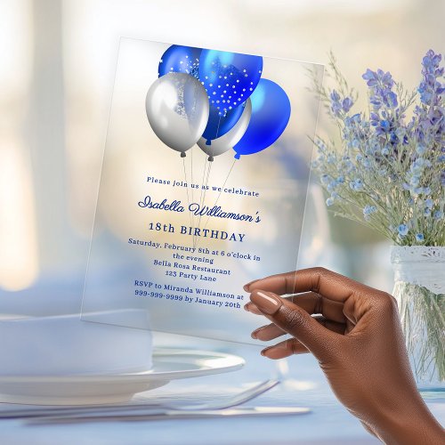 Royal blue balloons clear luxury birthday acrylic invitations
