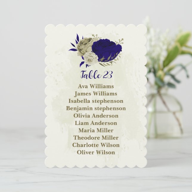 Royal blue beige floral seating chart card (Standing Front)