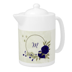Royal blue beige floral  teapot