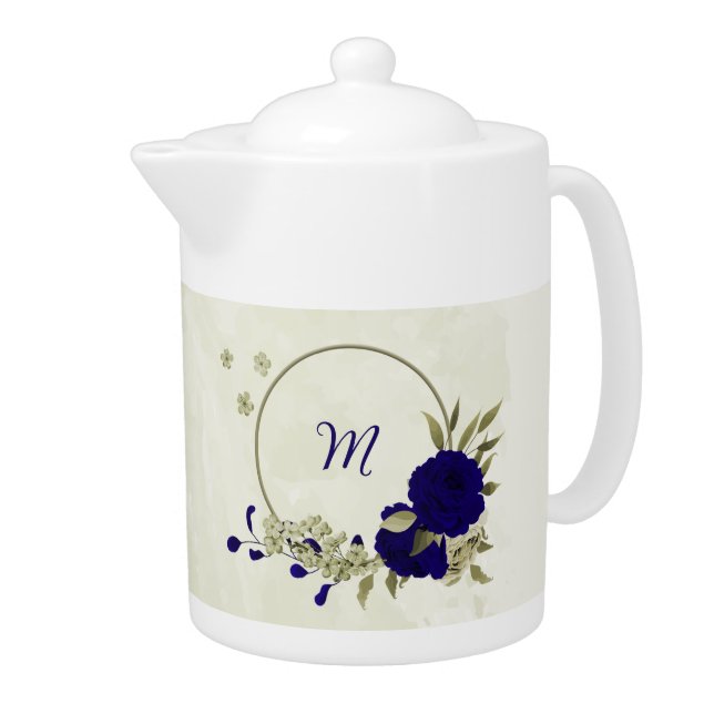 Royal blue beige floral  teapot (Right)