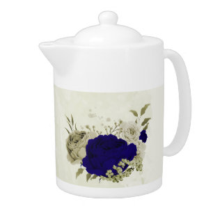 Royal blue beige floral  teapot