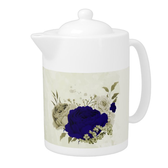 Royal blue beige floral  teapot (Right)