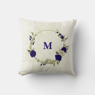 Royal blue beige floral throw pillow
