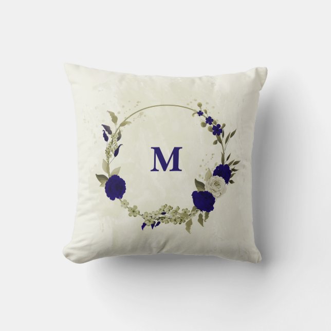 Royal blue beige floral throw pillow (Front)