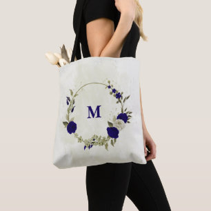 Royal blue beige floral tote bag