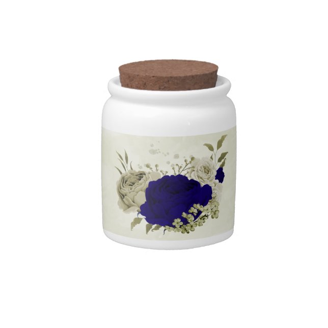 Royal blue beige floral wedding candy jar (Front)