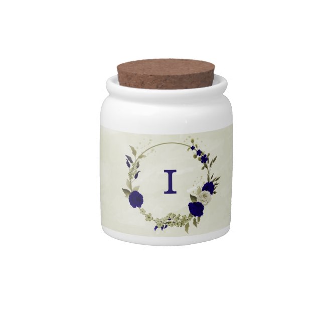 Royal blue beige floral wedding candy jar (Front)