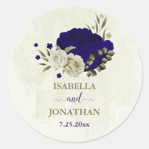 Royal blue beige floral wedding classic round sticker