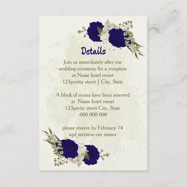 Royal blue beige floral wedding details enclosure card (Front)