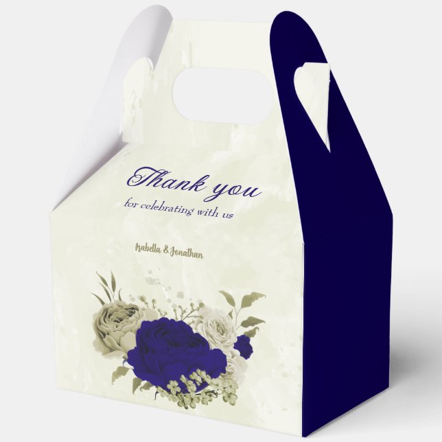 Royal blue beige floral wedding favor boxes (Front)