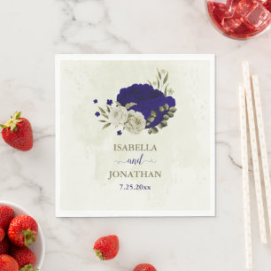 Royal blue beige floral wedding napkins