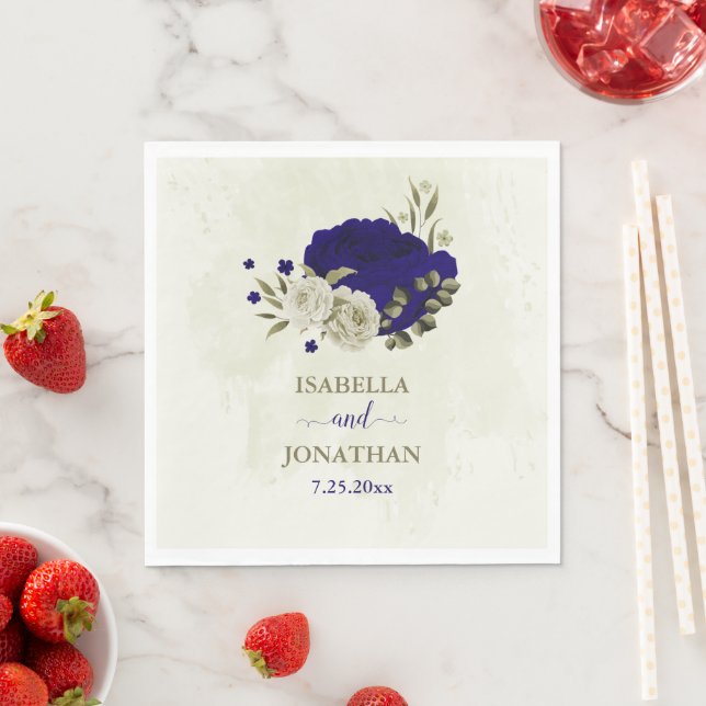 Royal blue beige floral wedding napkins (Insitu)