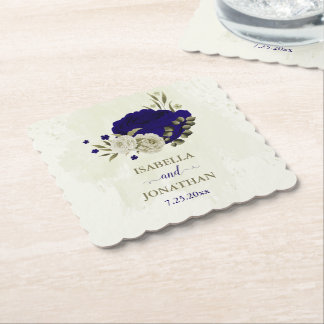 Royal blue beige floral wedding paper coaster