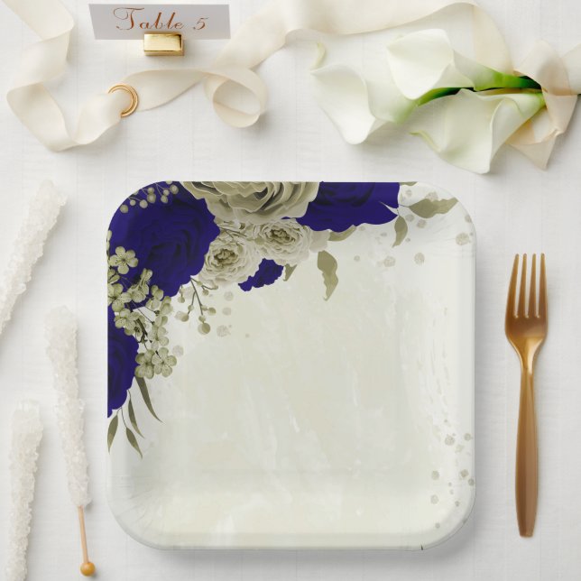 Royal blue beige floral wedding paper plates (Wedding)
